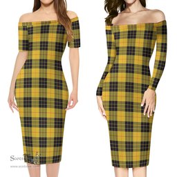 MacLeod of Lewis Ancient Tartan Off Shoulder Lady Dress Tartan Plaid Long Dress - ScotsTee Shop