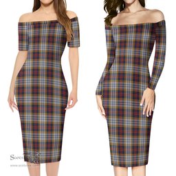 MacInnes Ancient Hunting Tartan Off Shoulder Lady Dress Tartan Plaid Long Dress - ScotsTee Shop