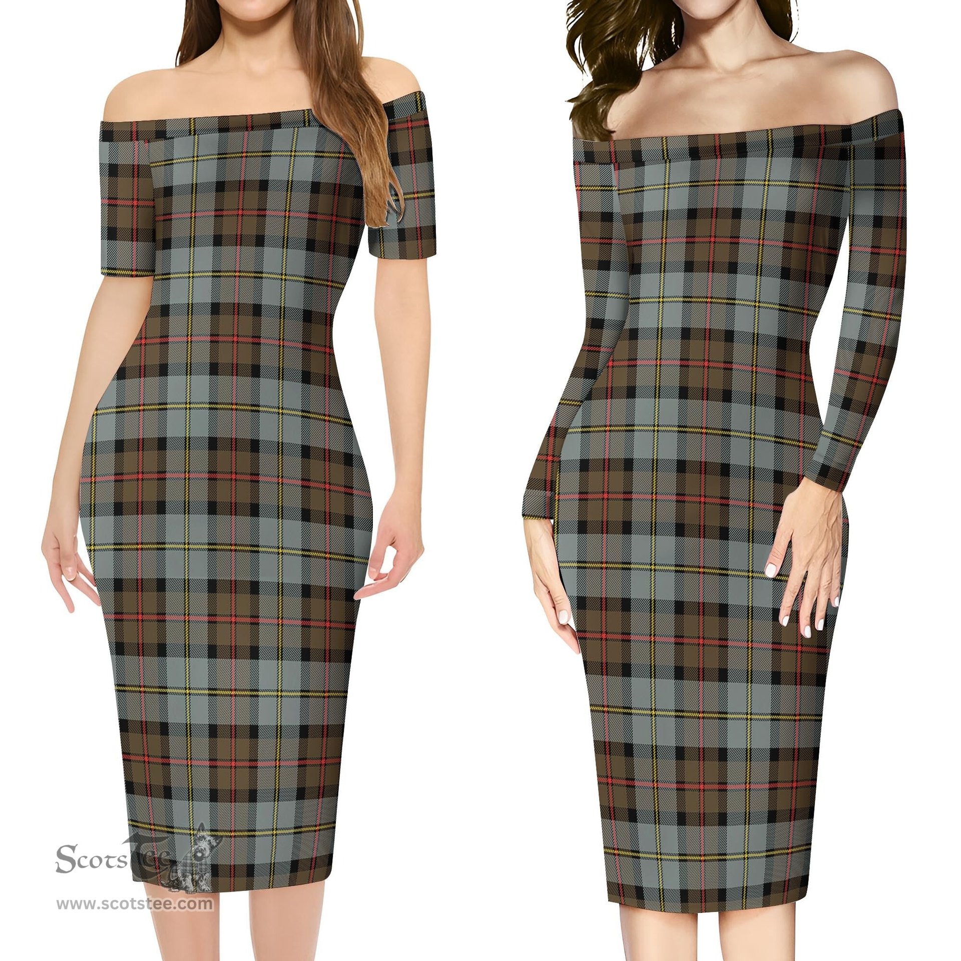 MacLeod of Harris Weathered Tartan Off Shoulder Lady Dress Tartan Plaid Long Dress - ScotsTee Shop