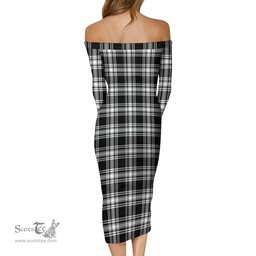 Menzies Black and White Tartan Off Shoulder Lady Dress Tartan Plaid Long Dress - ScotsTee Shop