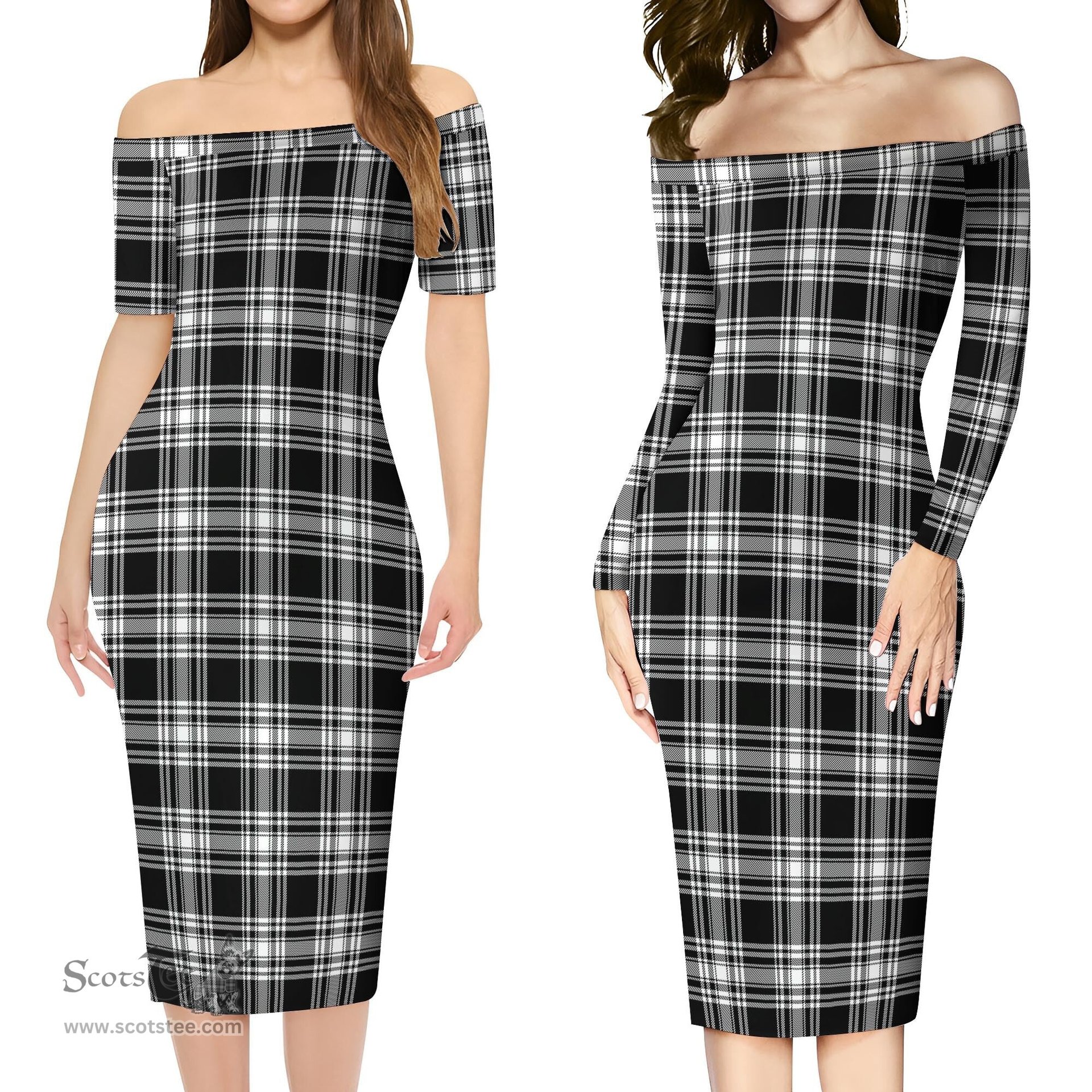 Menzies Black and White Tartan Off Shoulder Lady Dress Tartan Plaid Long Dress - ScotsTee Shop