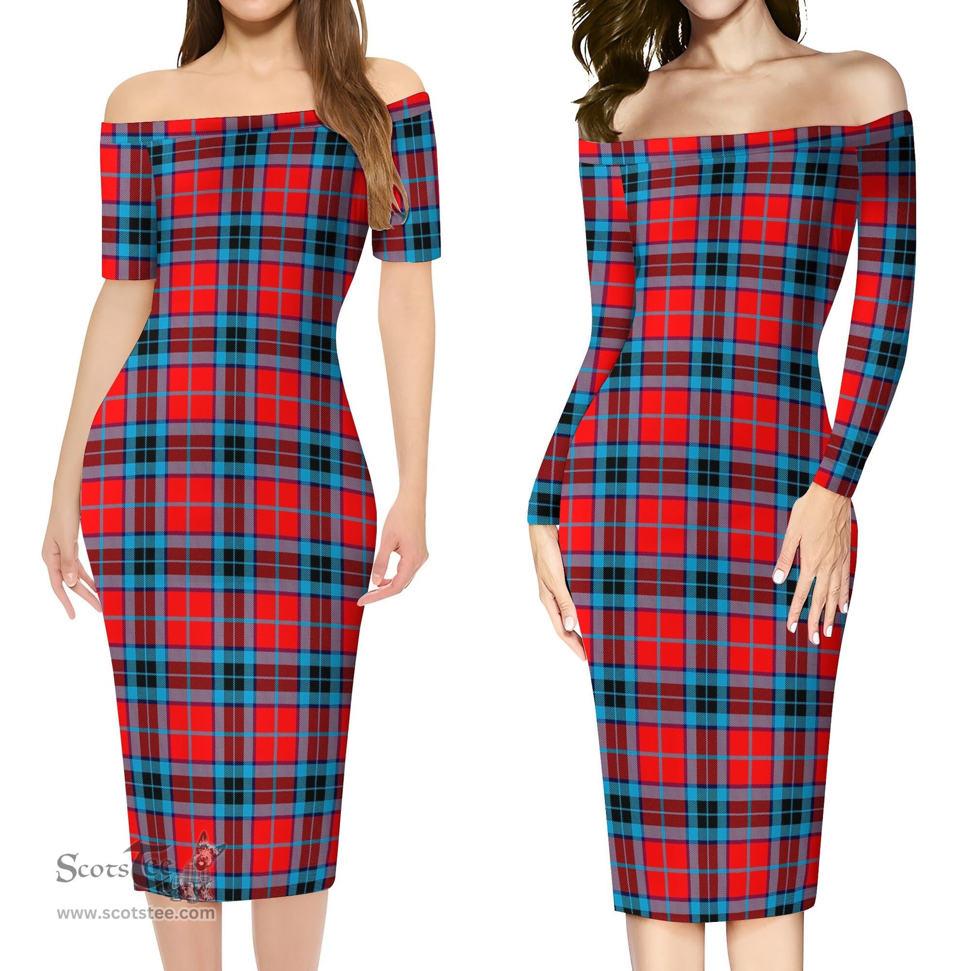 MacTavish Modern Tartan Off Shoulder Lady Dress Tartan Plaid Long Dress - ScotsTee Shop