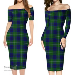 Oliphant Modern Tartan Off Shoulder Lady Dress Tartan Plaid Long Dress - ScotsTee Shop