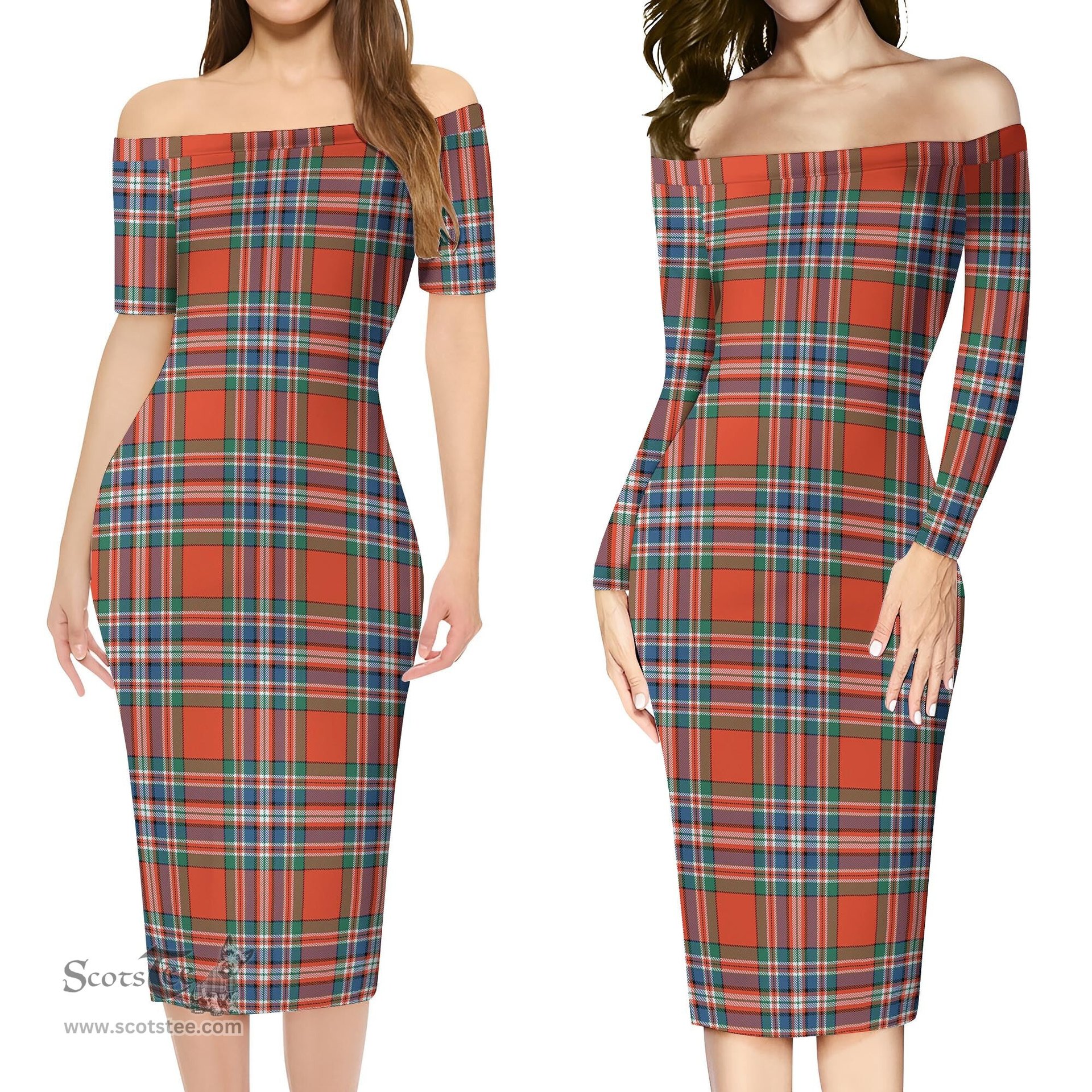 MacFarlane Ancient Tartan Off Shoulder Lady Dress Tartan Plaid Long Dress - ScotsTee Shop