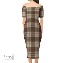 Ulster Brown Modern Tartan Off Shoulder Lady Dress Tartan Plaid Long Dress - ScotsTee Shop