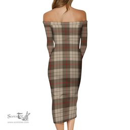 Ulster Brown Modern Tartan Off Shoulder Lady Dress Tartan Plaid Long Dress - ScotsTee Shop