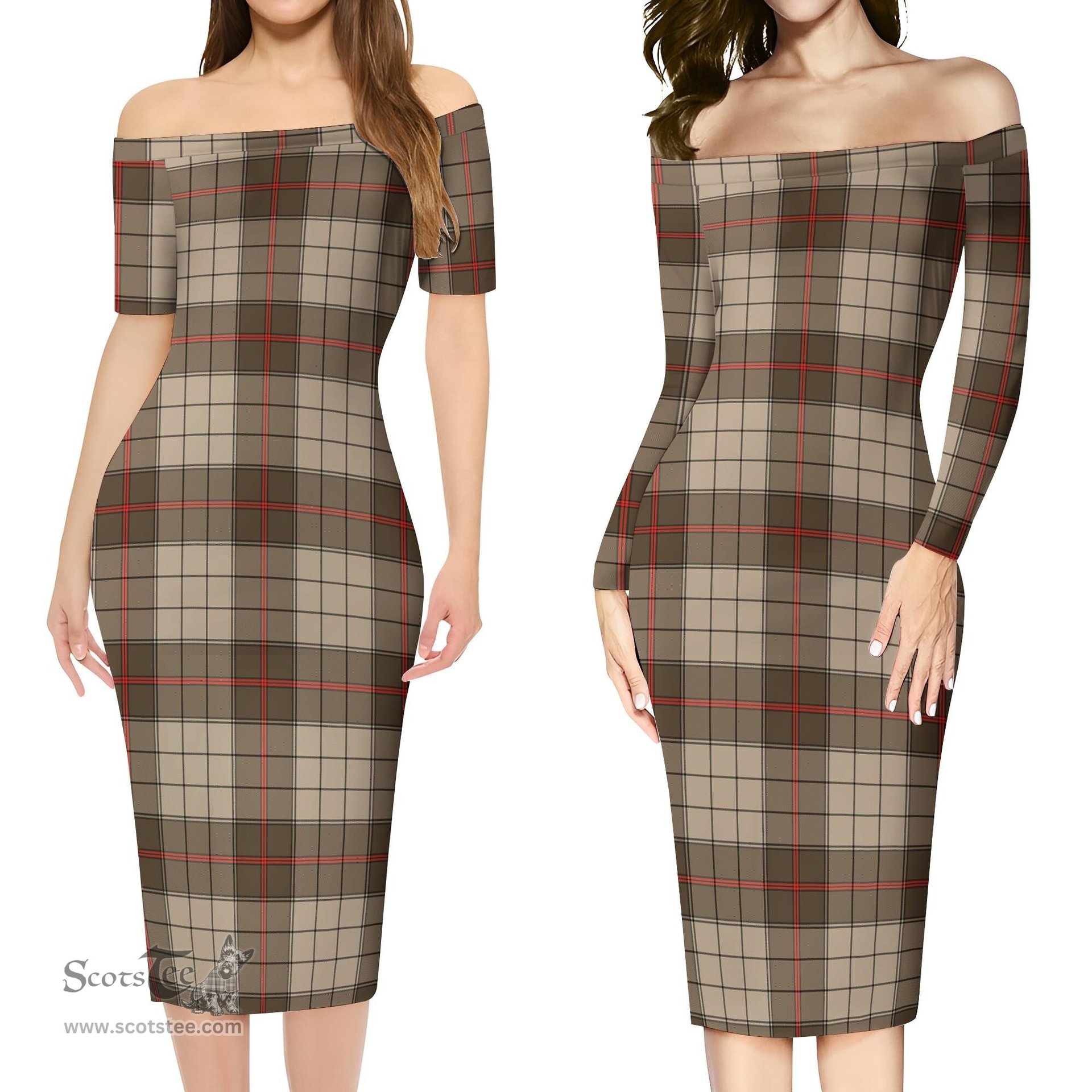 Ulster Brown Modern Tartan Off Shoulder Lady Dress Tartan Plaid Long Dress - ScotsTee Shop