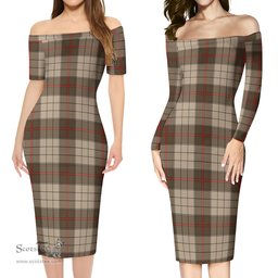 Ulster Brown Modern Tartan Off Shoulder Lady Dress Tartan Plaid Long Dress - ScotsTee Shop