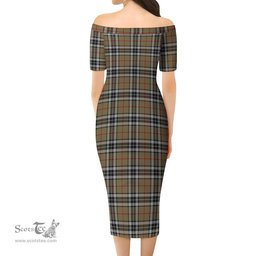 Thomson Camel Tartan Off Shoulder Lady Dress Tartan Plaid Long Dress - ScotsTee Shop