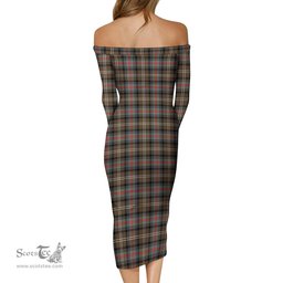 Sutherland Weathered Tartan Off Shoulder Lady Dress Tartan Plaid Long Dress - ScotsTee Shop