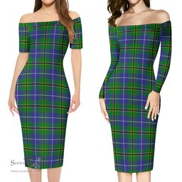 Turnbull Hunting Tartan Off Shoulder Lady Dress Tartan Plaid Long Dress - ScotsTee Shop