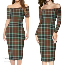 Thomson Hunting Modern Tartan Off Shoulder Lady Dress Tartan Plaid Long Dress - ScotsTee Shop