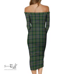 Scott Green Tartan Off Shoulder Lady Dress Tartan Plaid Long Dress - ScotsTee Shop