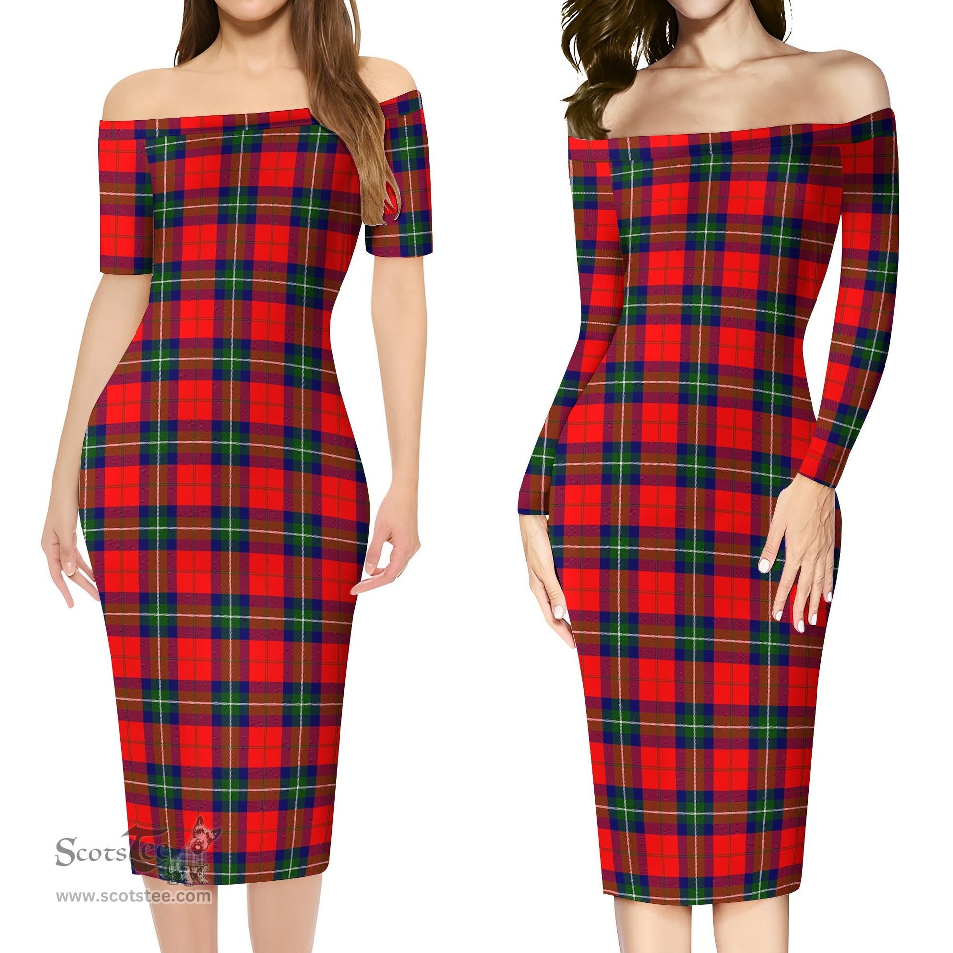 Ruthven Modern Tartan Off Shoulder Lady Dress Tartan Plaid Long Dress - ScotsTee Shop