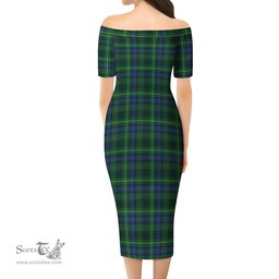 Stewart Hunting Modern Tartan Off Shoulder Lady Dress Tartan Plaid Long Dress - ScotsTee Shop