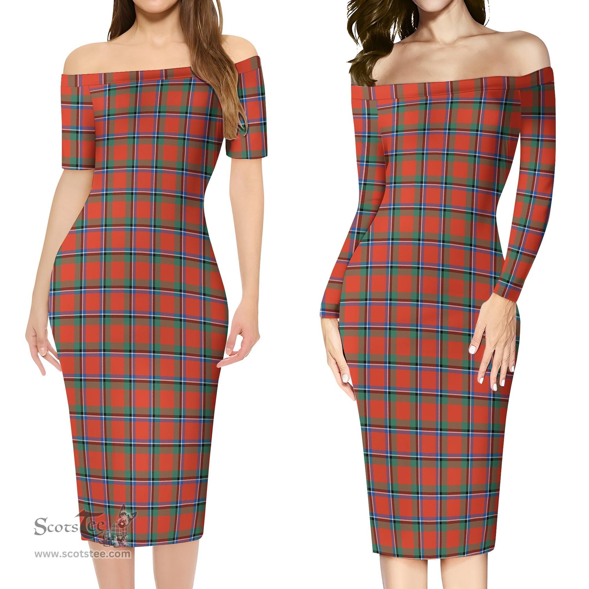 Sinclair Ancient Tartan Off Shoulder Lady Dress Tartan Plaid Long Dress - ScotsTee Shop