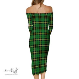 Wallace Hunting Green Tartan Off Shoulder Lady Dress Tartan Plaid Long Dress - ScotsTee Shop