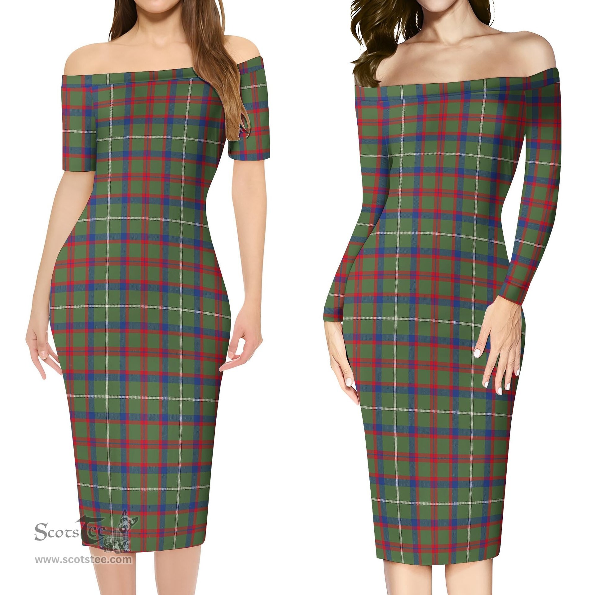 Shaw Green Modern Tartan Off Shoulder Lady Dress Tartan Plaid Long Dress - ScotsTee Shop