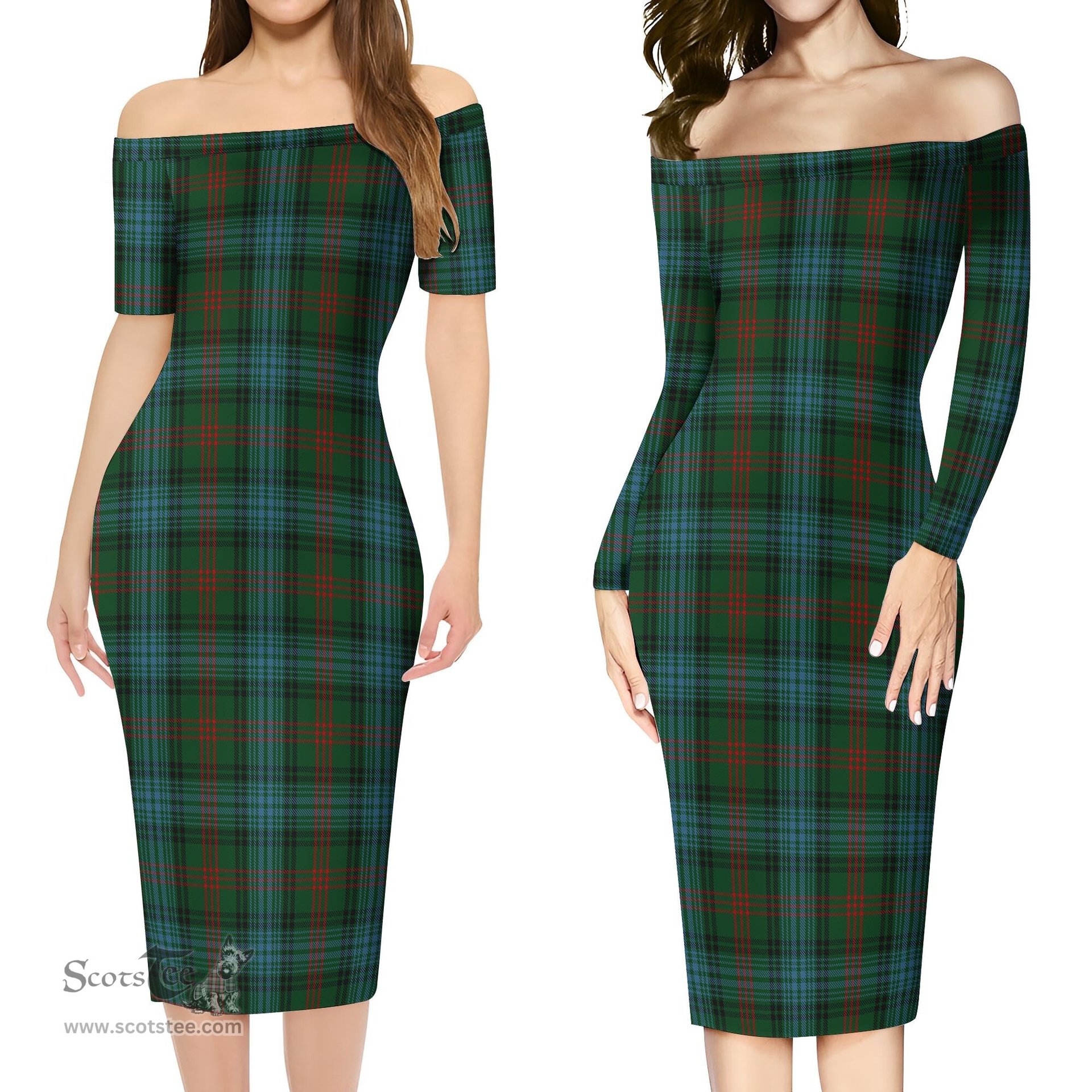 Ross Hunting Tartan Off Shoulder Lady Dress Tartan Plaid Long Dress - ScotsTee Shop