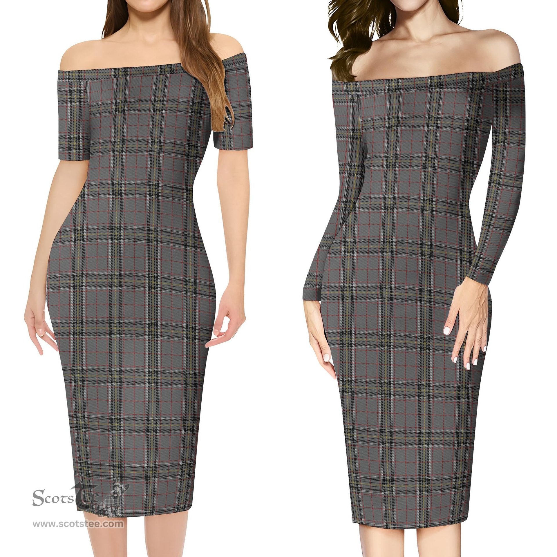 Stewart Grey Tartan Off Shoulder Lady Dress Tartan Plaid Long Dress - ScotsTee Shop