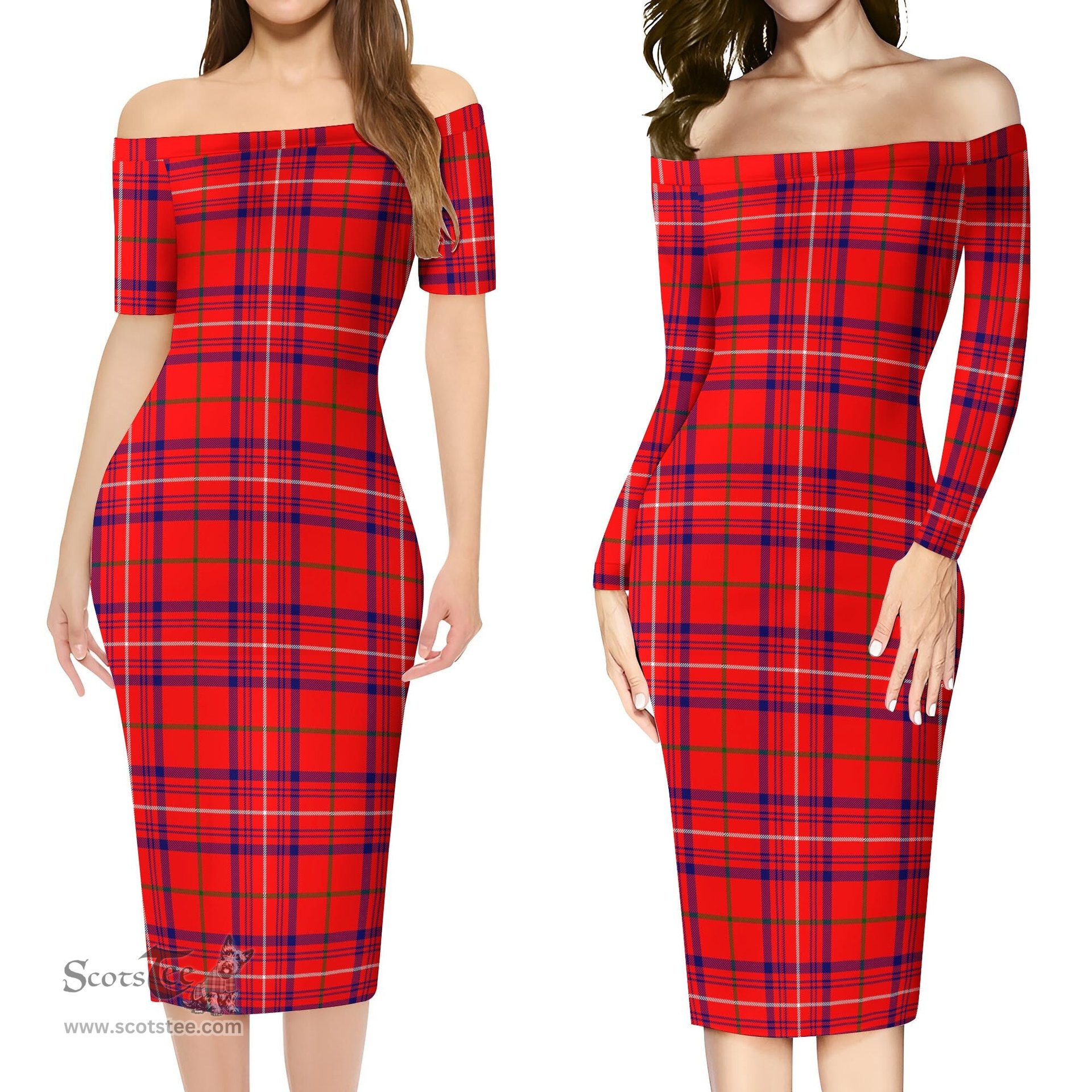 Rose Modern Tartan Off Shoulder Lady Dress Tartan Plaid Long Dress - ScotsTee Shop