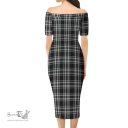 Stewart Black and White Tartan Off Shoulder Lady Dress Tartan Plaid Long Dress - ScotsTee Shop