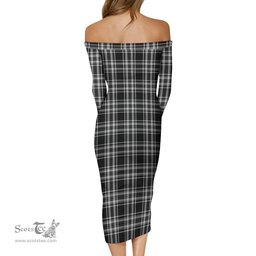 Stewart Black and White Tartan Off Shoulder Lady Dress Tartan Plaid Long Dress - ScotsTee Shop