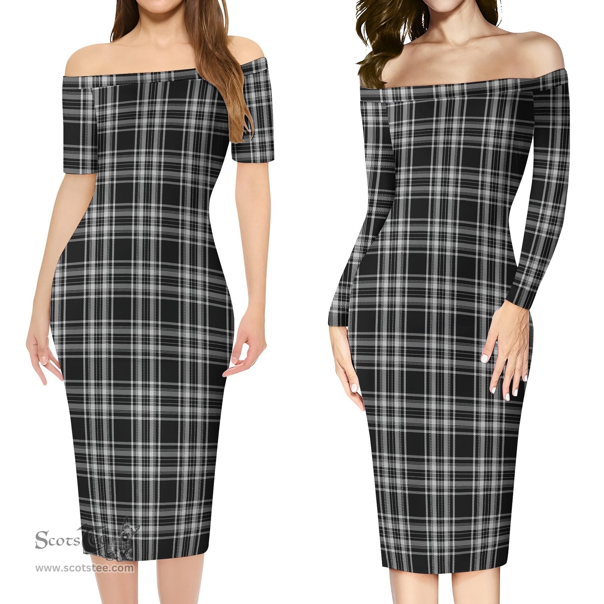 Stewart Black and White Tartan Off Shoulder Lady Dress Tartan Plaid Long Dress - ScotsTee Shop