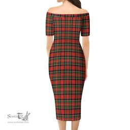 Stewart Royal Modern Tartan Off Shoulder Lady Dress Tartan Plaid Long Dress - ScotsTee Shop