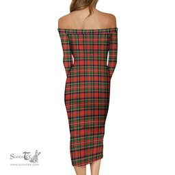 Stewart Royal Modern Tartan Off Shoulder Lady Dress Tartan Plaid Long Dress - ScotsTee Shop