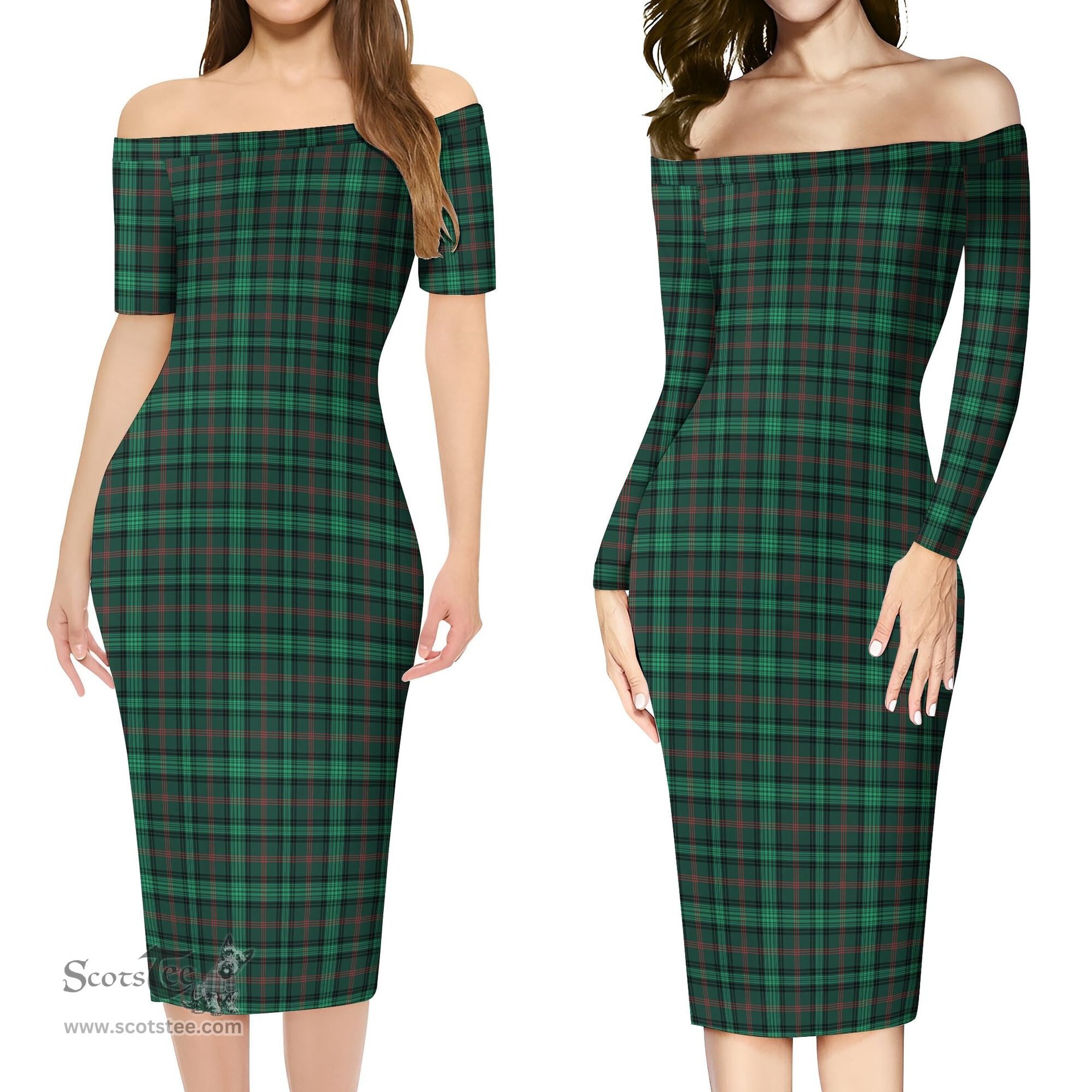 Ross Hunting Modern Tartan Off Shoulder Lady Dress Tartan Plaid Long Dress - ScotsTee Shop