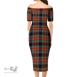 Stewart Black Tartan Off Shoulder Lady Dress Tartan Plaid Long Dress - ScotsTee Shop