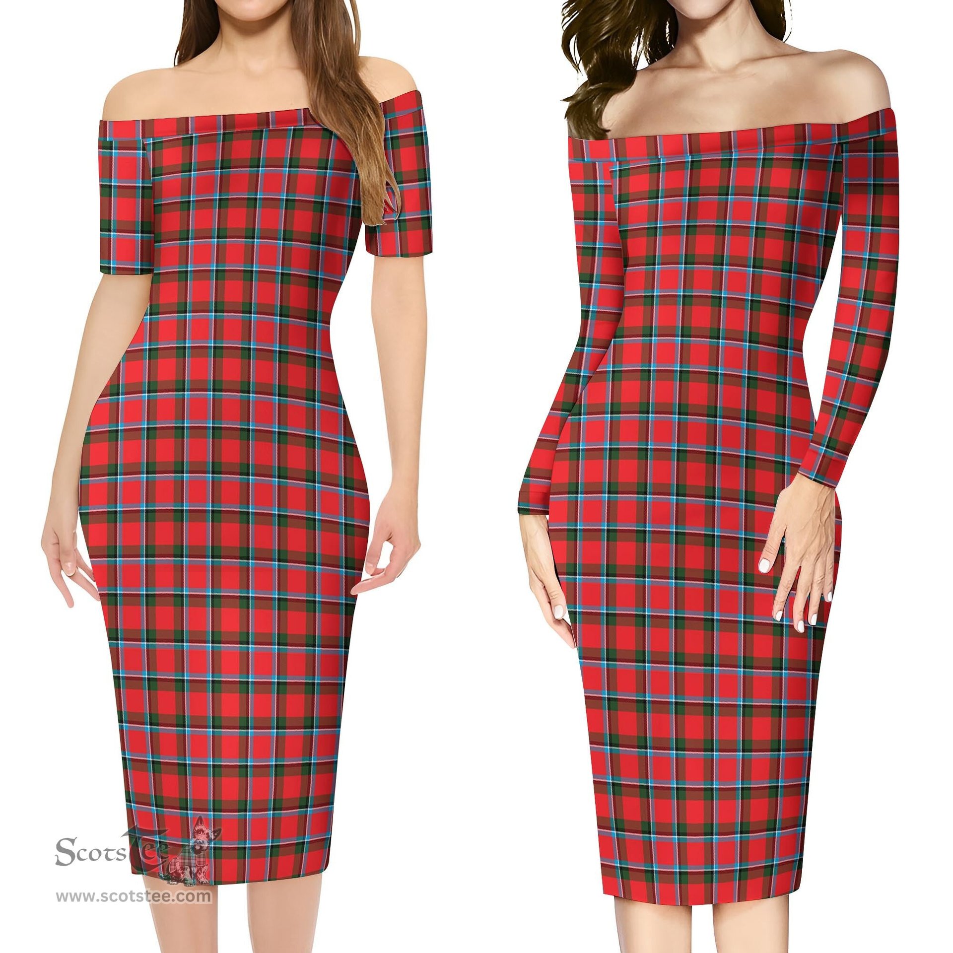 Sinclair Modern Tartan Off Shoulder Lady Dress Tartan Plaid Long Dress - ScotsTee Shop