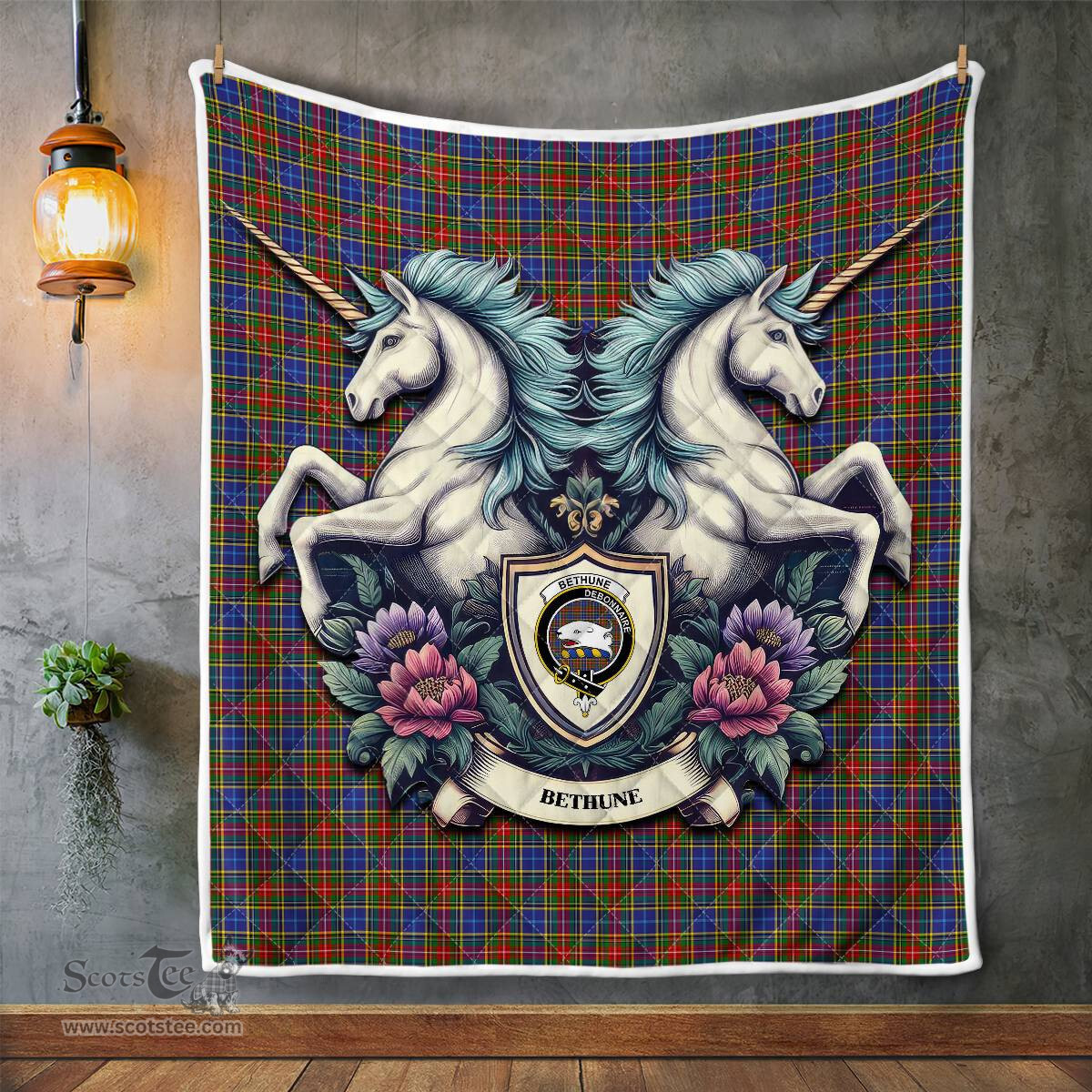 Scottish Bethune Clan Badge Tartan Royal Scottish Unicorn Tartan Quilt