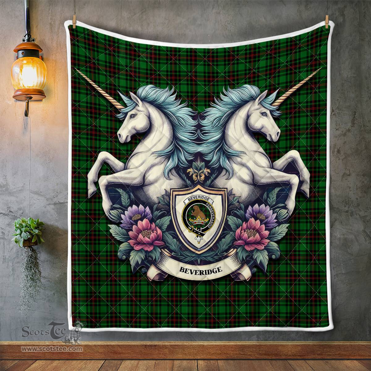 Scottish Beveridge Clan Badge Tartan Royal Scottish Unicorn Tartan Quilt