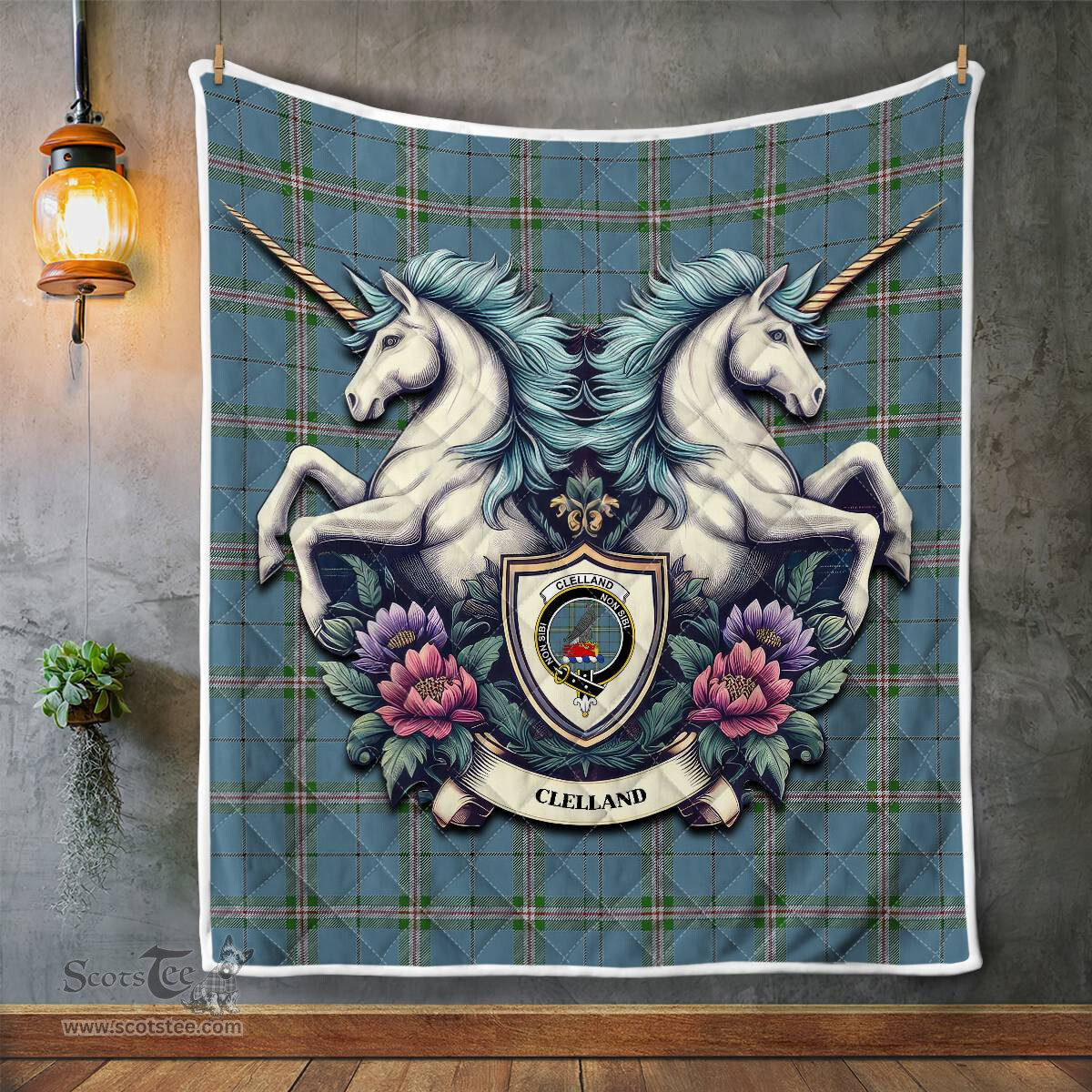 Scottish Clelland Clan Badge Tartan Royal Scottish Unicorn Tartan Quilt