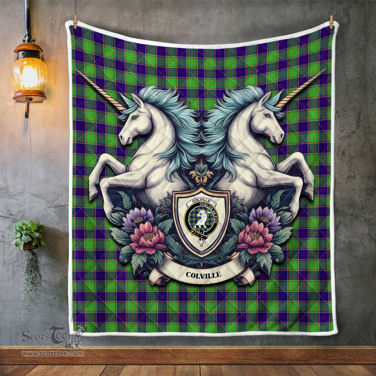 Scottish Colville Clan Badge Tartan Royal Scottish Unicorn Tartan Quilt