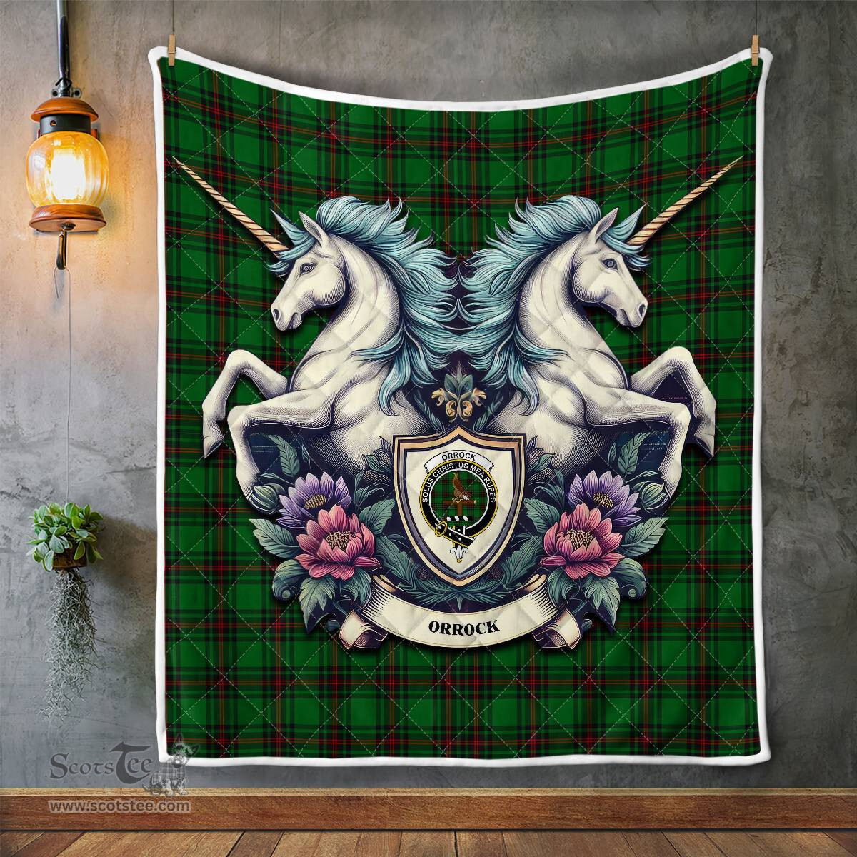 Scottish Orrock Clan Badge Tartan Royal Scottish Unicorn Tartan Quilt