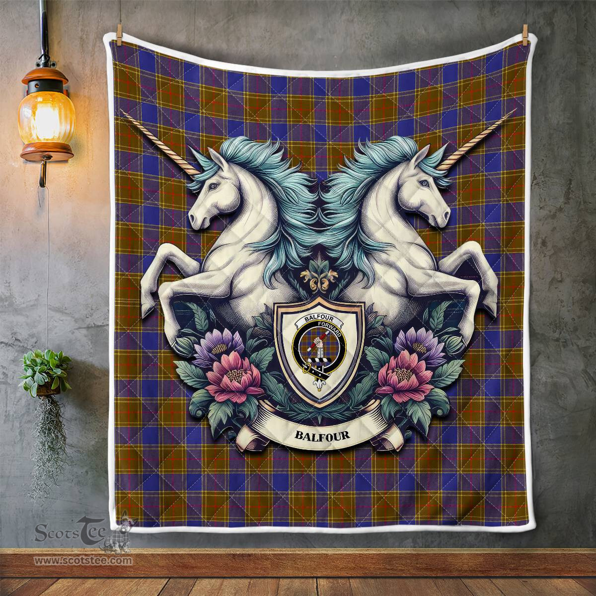 Scottish Balfour Clan Badge Tartan Royal Scottish Unicorn Tartan Quilt