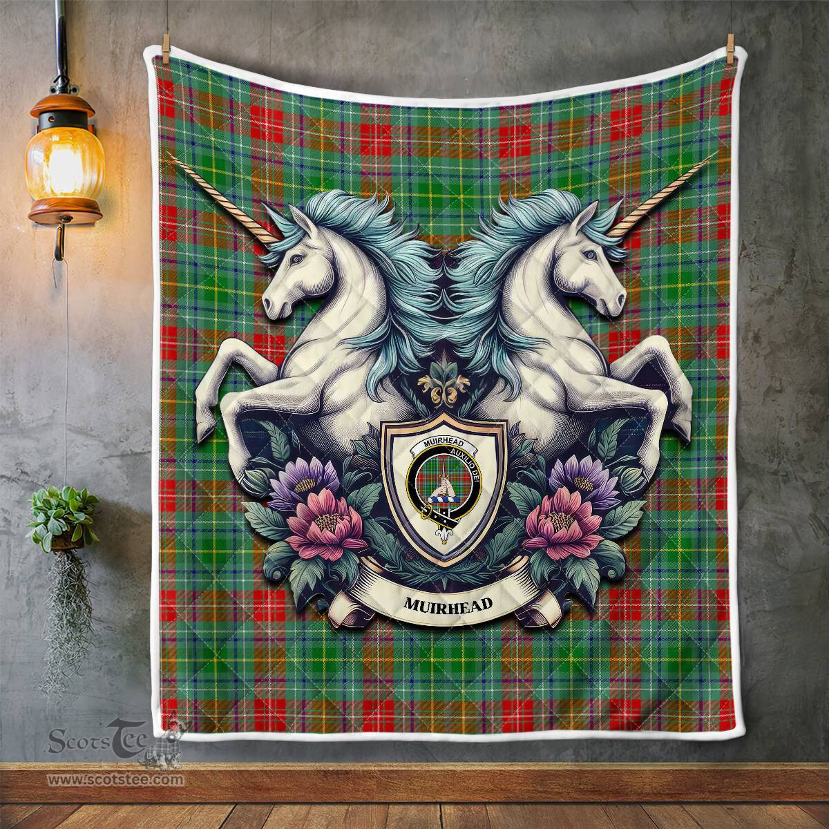 Scottish Muirhead Clan Badge Tartan Royal Scottish Unicorn Tartan Quilt
