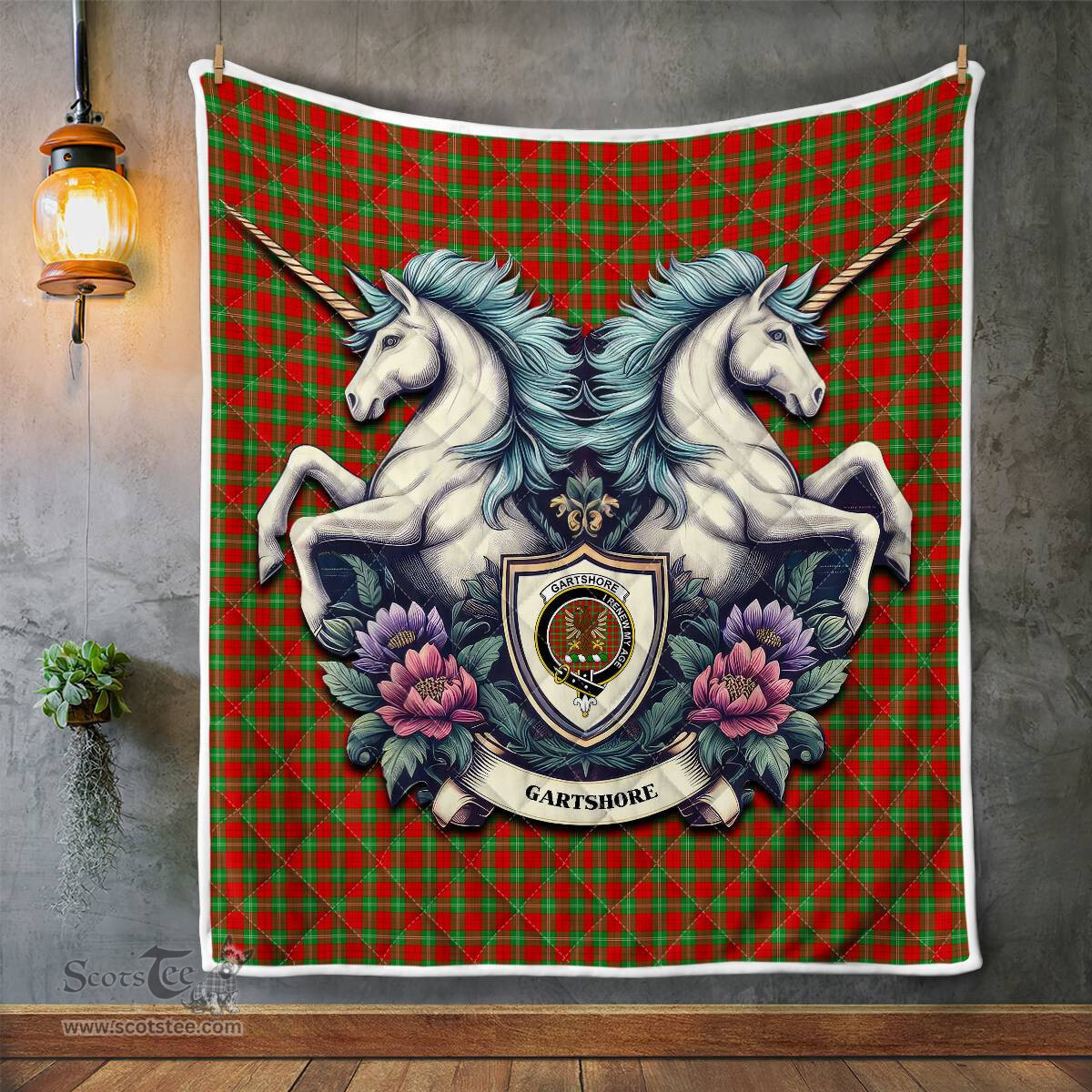 Scottish Gartshore Clan Badge Tartan Royal Scottish Unicorn Tartan Quilt