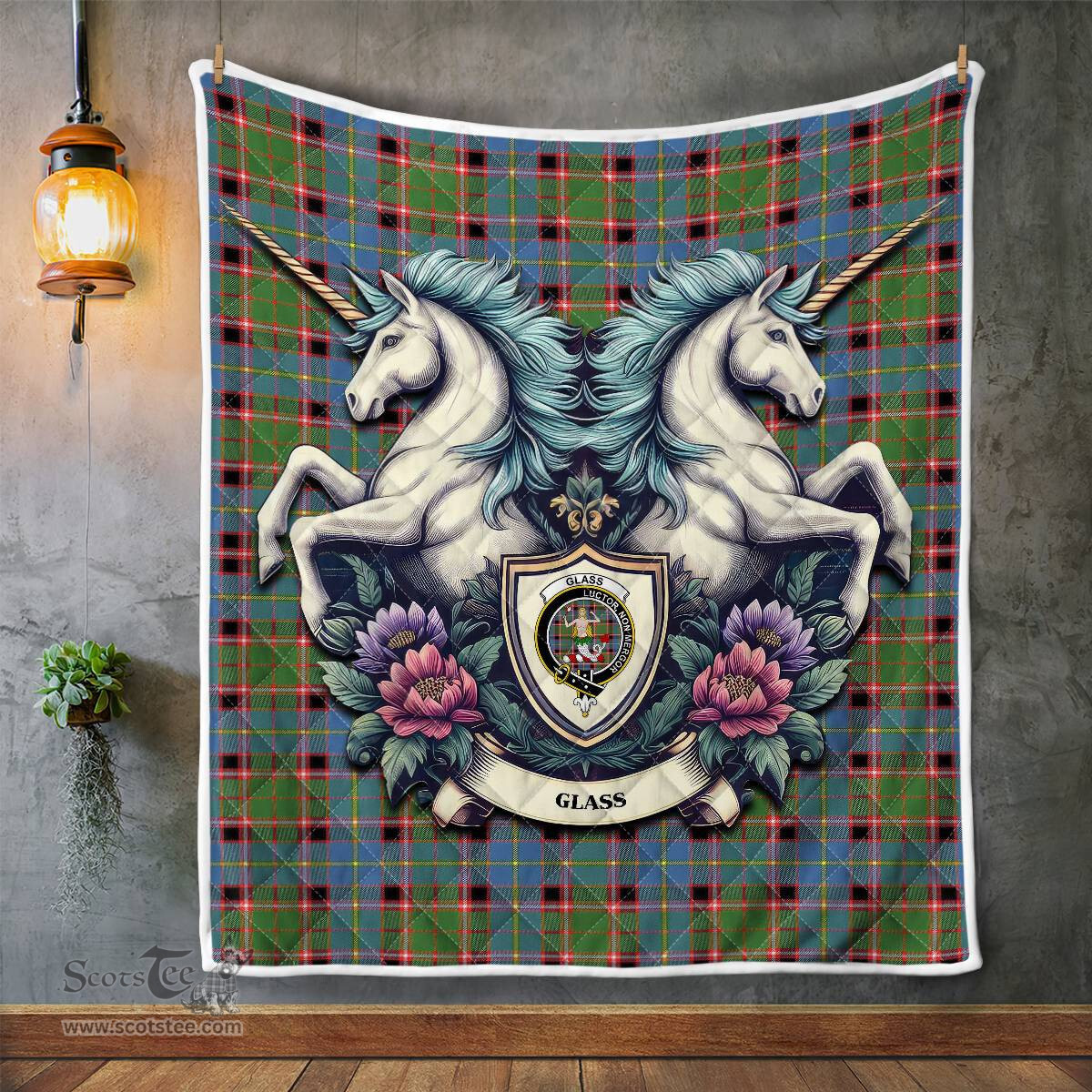 Scottish Glass Clan Badge Tartan Royal Scottish Unicorn Tartan Quilt