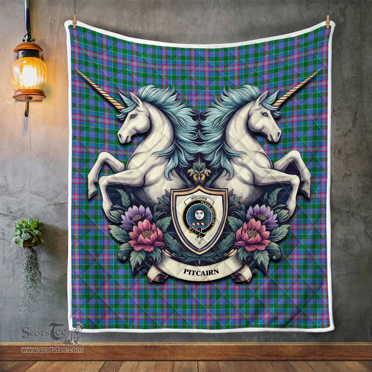Scottish Pitcairn Clan Badge Tartan Royal Scottish Unicorn Tartan Quilt