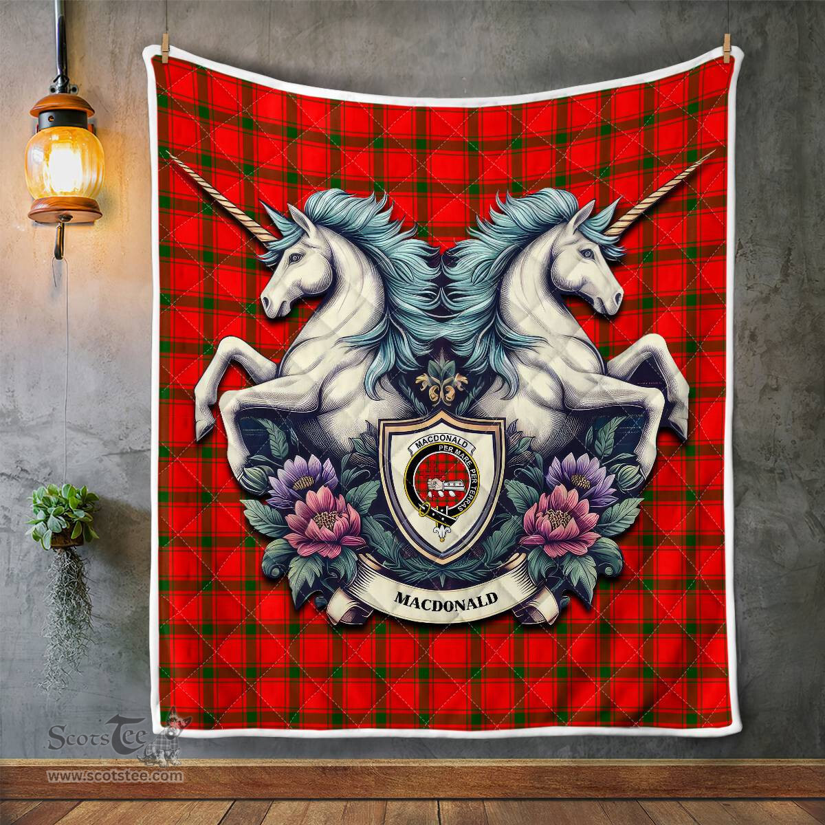 Scottish Macdonald Of Sleat Clan Badge Tartan Royal Scottish Unicorn Tartan Quilt