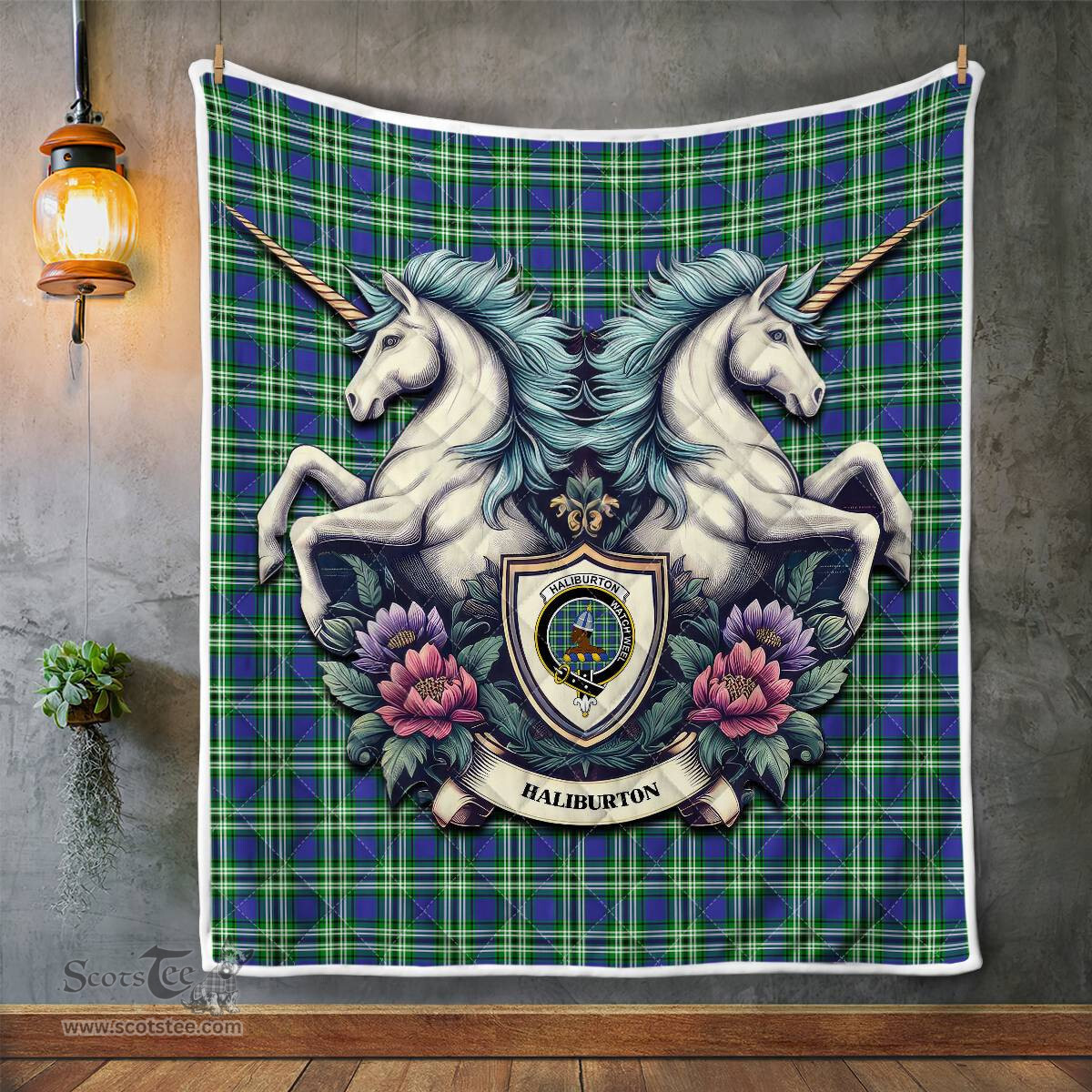 Scottish Haliburton Clan Badge Tartan Royal Scottish Unicorn Tartan Quilt