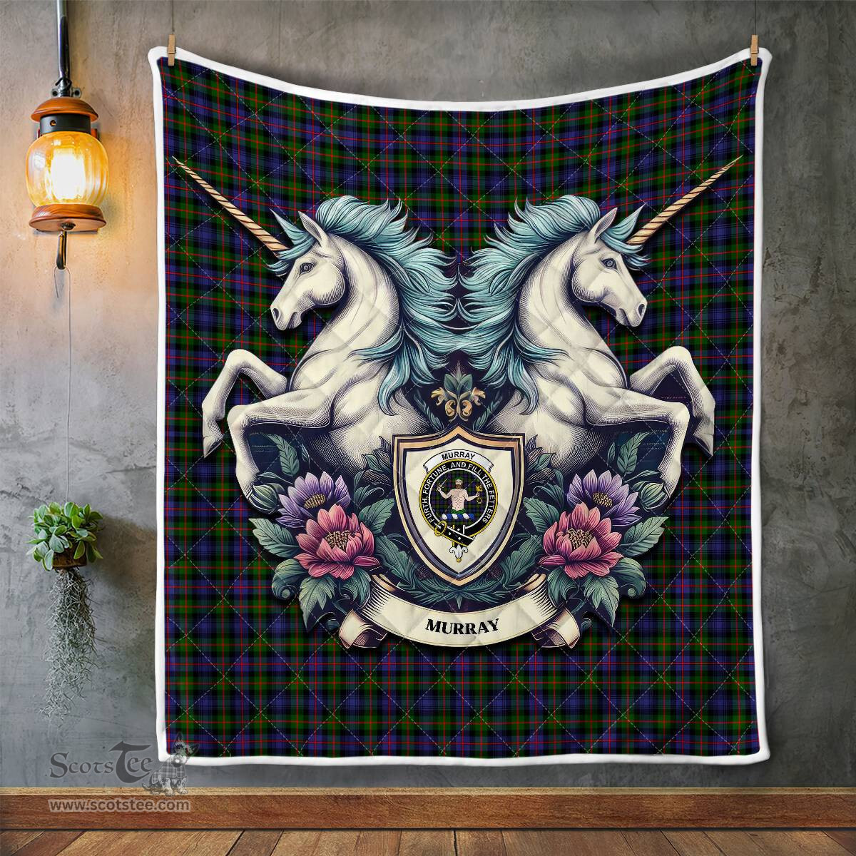 Scottish Murray Of Athole Clan Badge Tartan Royal Scottish Unicorn Tartan Quilt