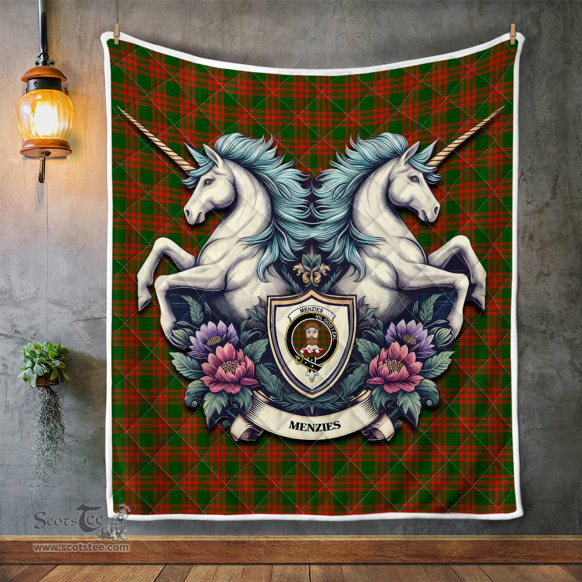 Scottish Menzies Clan Badge Tartan Royal Scottish Unicorn Tartan Quilt