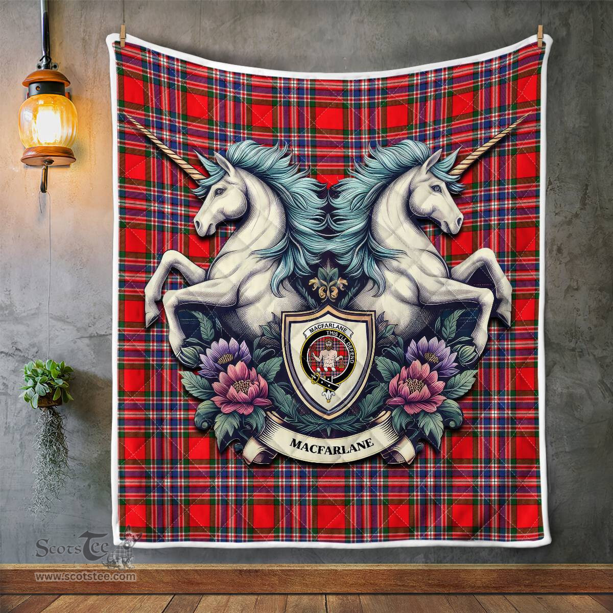 Scottish Macfarlane Clan Badge Tartan Royal Scottish Unicorn Tartan Quilt