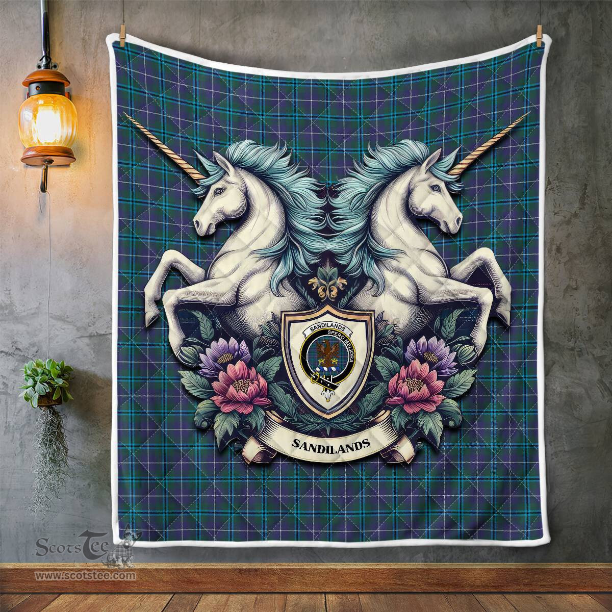 Scottish Sandilands Clan Badge Tartan Royal Scottish Unicorn Tartan Quilt