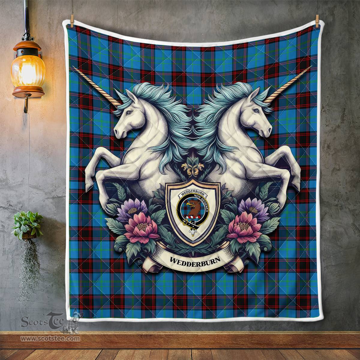 Scottish Wedderburn Clan Badge Tartan Royal Scottish Unicorn Tartan Quilt